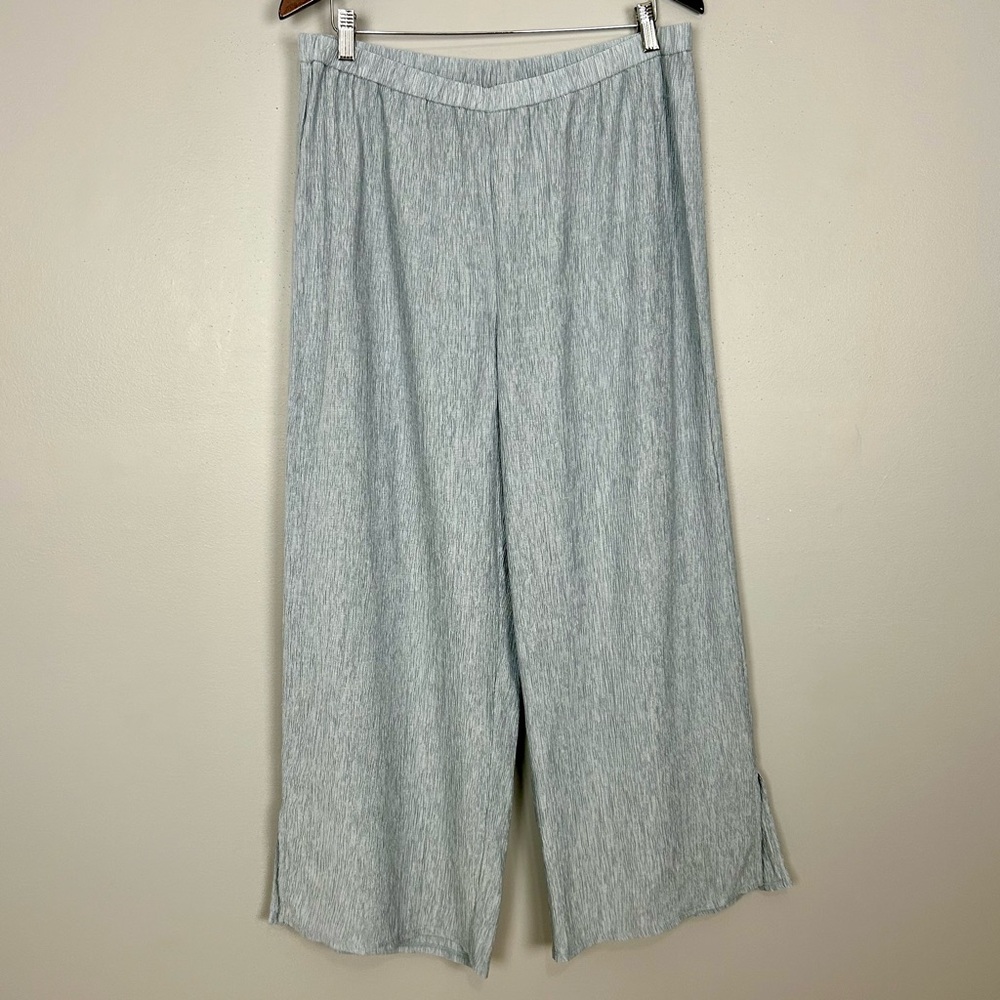 Eileen Fisher Woven Plissé Wide-Leg Pants Women’s Sz L Pull On Crinkle Ice Blue